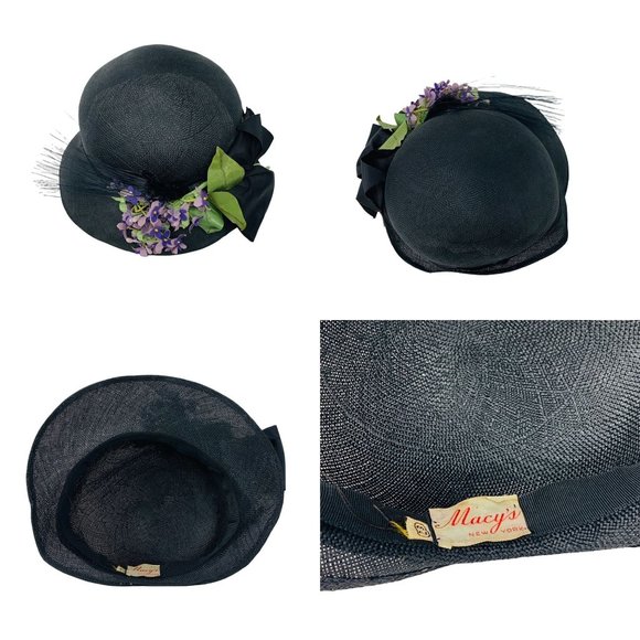 Vintage 1940s Purple Flower Hat Black Straw Cloche Macy\'s New York main image 7